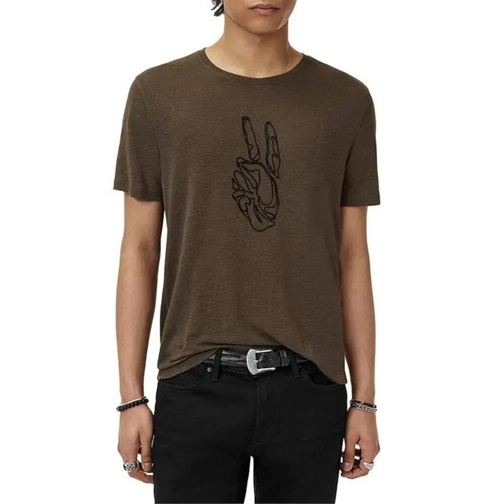 JOHN VARVATOS Shirt Mens Small Brown Crew Corded Peace Logo Linen Lyocell $148